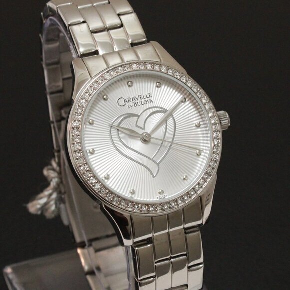 Bulova Accessories - Caravelle Ladies Crystal Bezel Watch By Bulova Silver Tone Silver Heart Dial 32